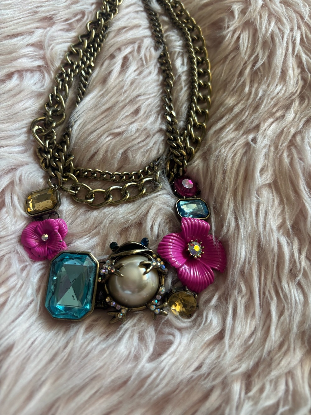 Betsey Johnson Pink Flower & Blue Gem Layered Necklace